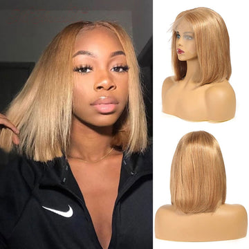 Ali Annabelle #27 Colored Human Hair Wigs Caramel Blonde Straight Short Bob Lace Front Wig